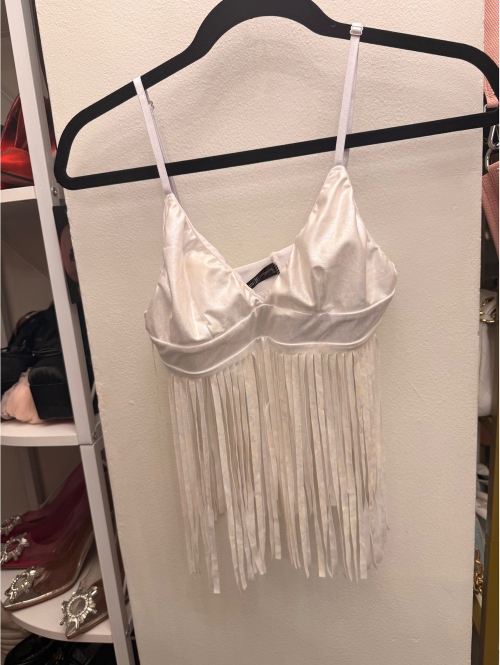 BodyRage White Shiny Fringe Crop Top Medium